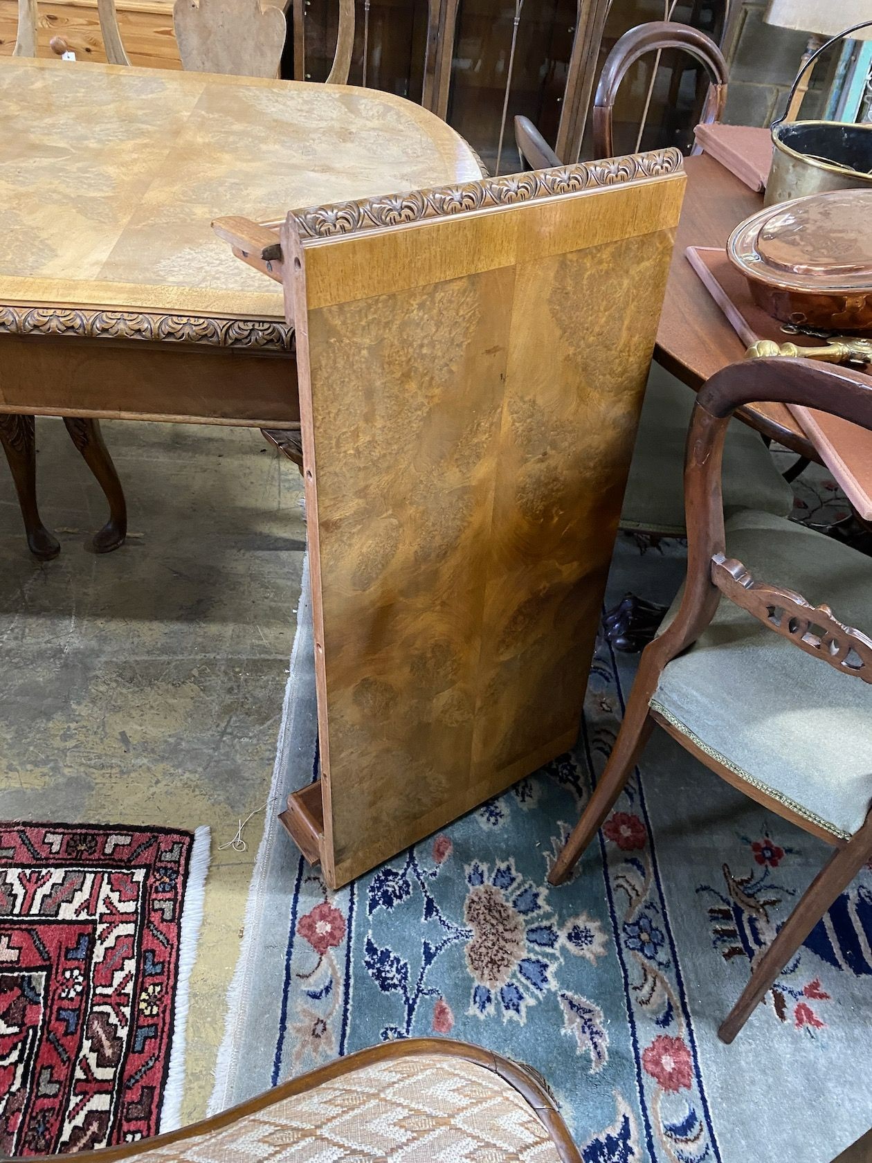 A Queen Anne revival burr walnut extending dining table, approx. 250cm extended, two spare leaves, width 90cm, height 77cm